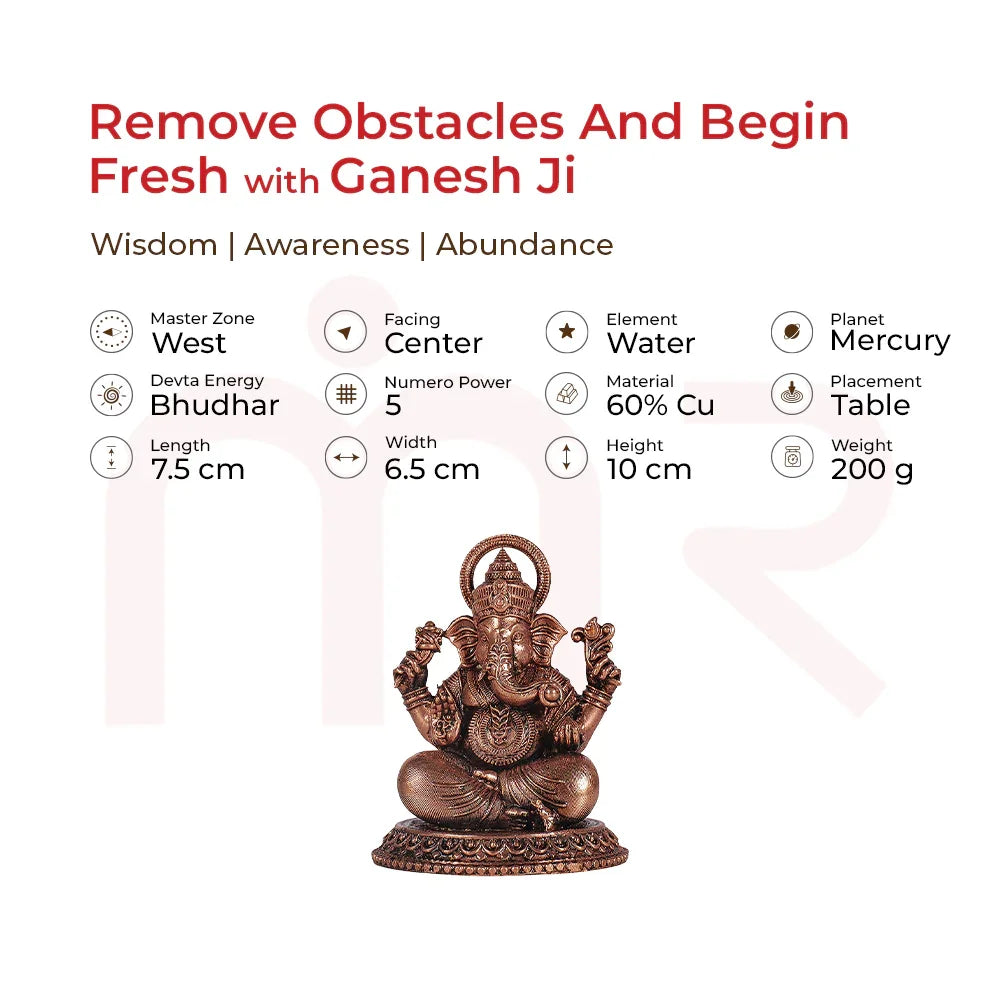 Ganesh Ji idol for Vastu remedies, removes obstacles, brings wisdom & abundance, copper finish, 10cm height