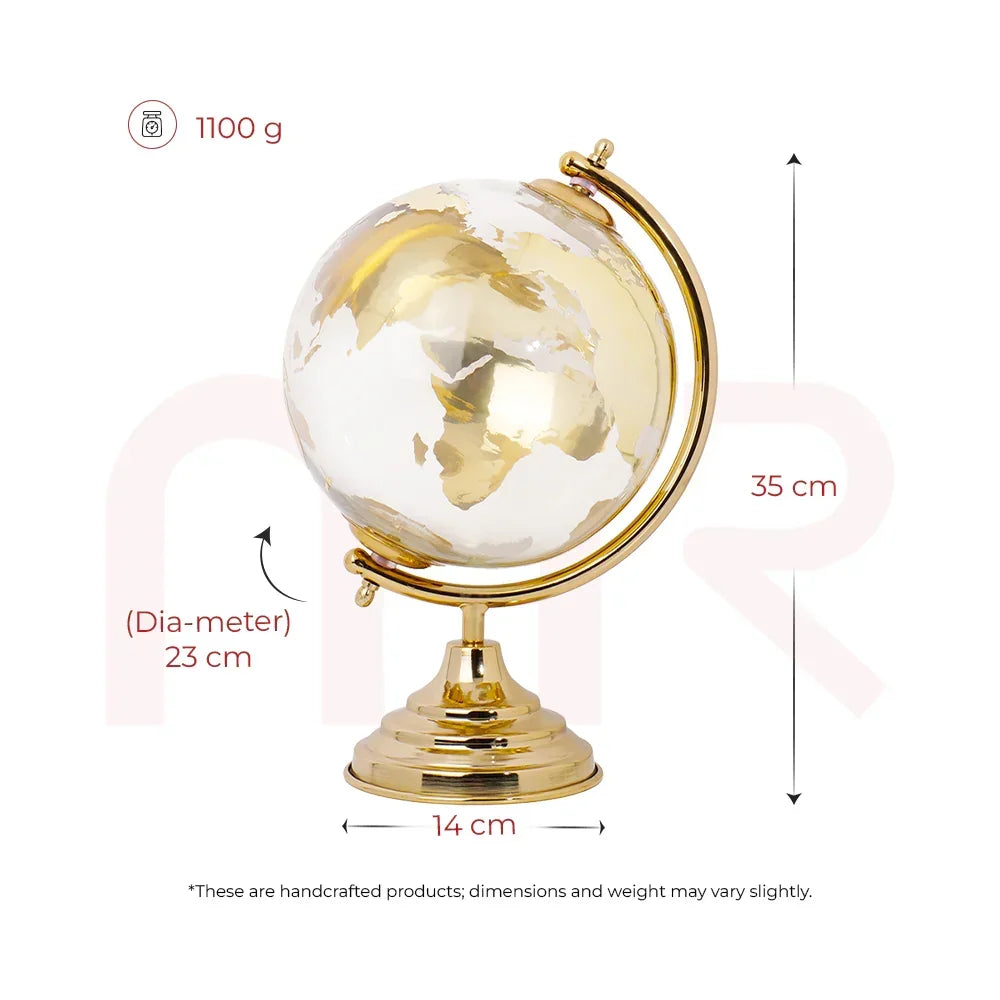 Golden and white decorative globe on stand, 35 cm tall, handmade Vastu home decor
