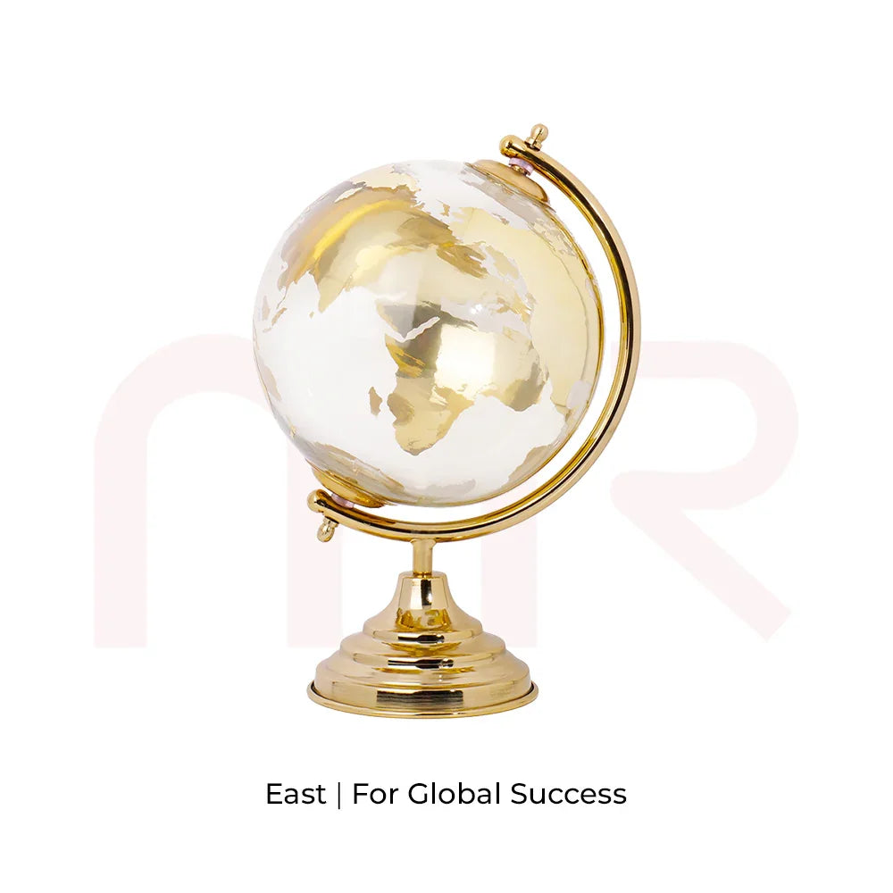 Golden tabletop globe MahaVastu remedy for global success and positive energy décor