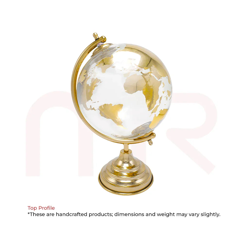 Gold and clear glass globe on brass stand, Vastu decor for positive energy and prosperity