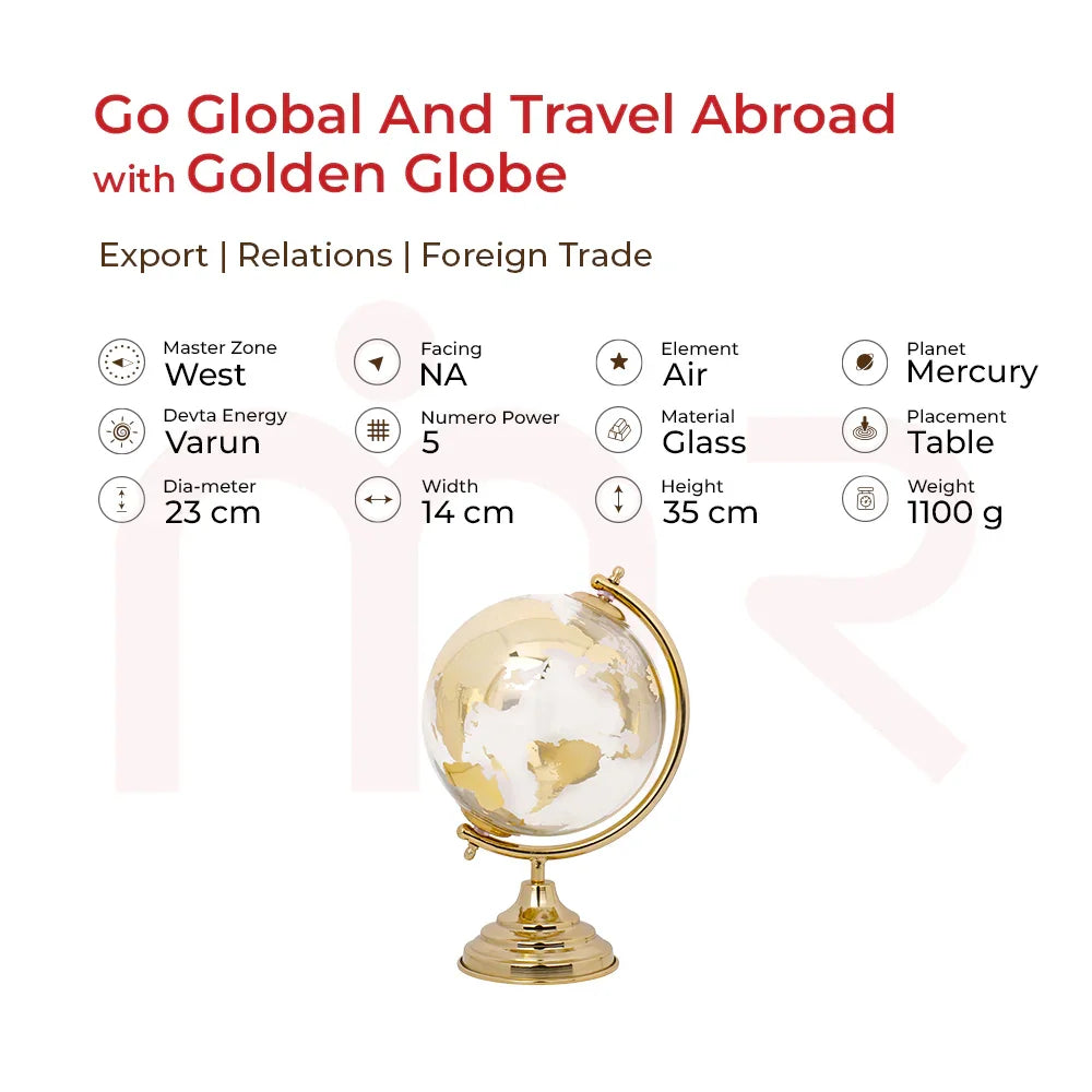 Golden glass globe for Vastu, 23cm diameter, West zone, Mercury planet, Air element, table placement