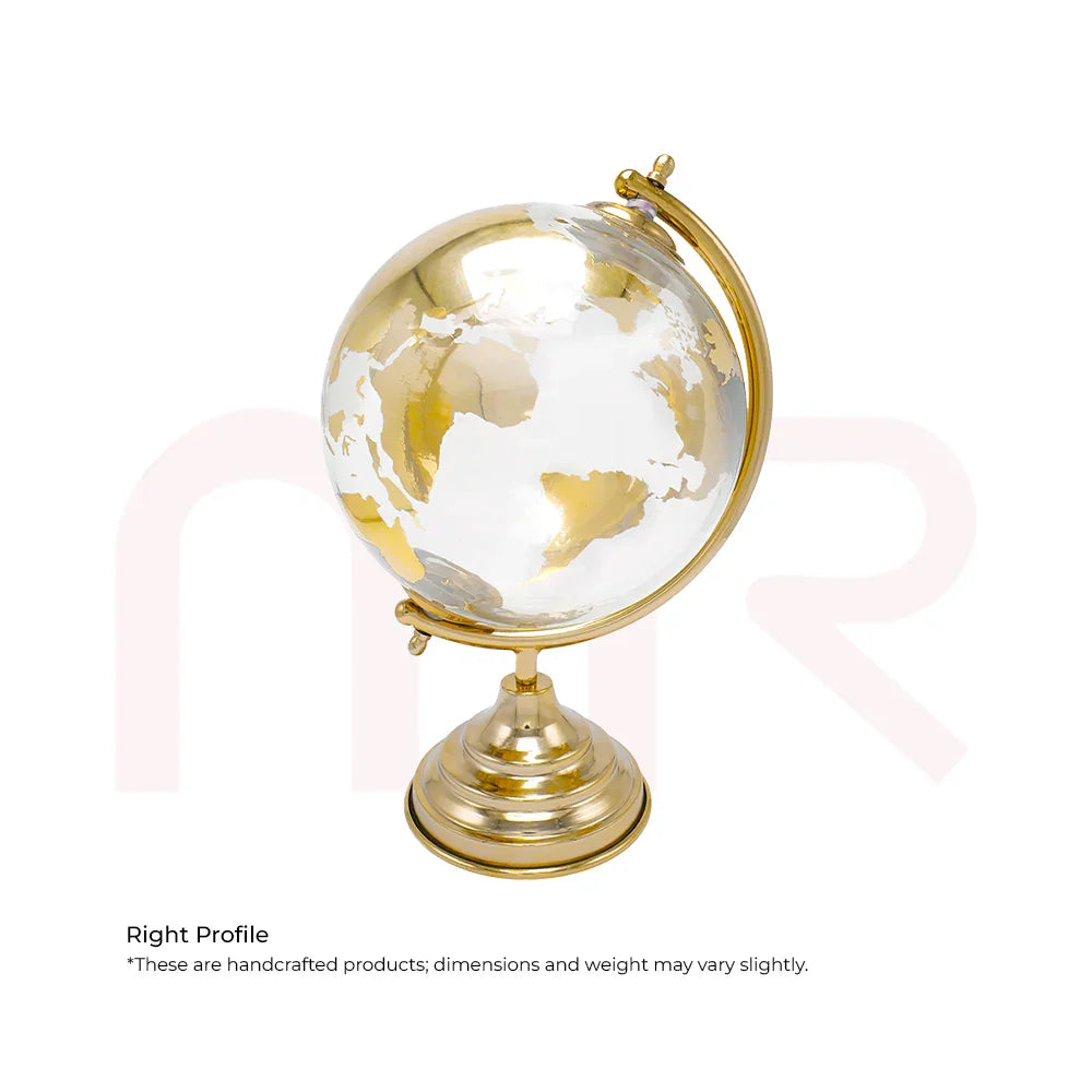 Handcrafted golden and white globe on metal stand, MahaVastu Vastu remedy decor.