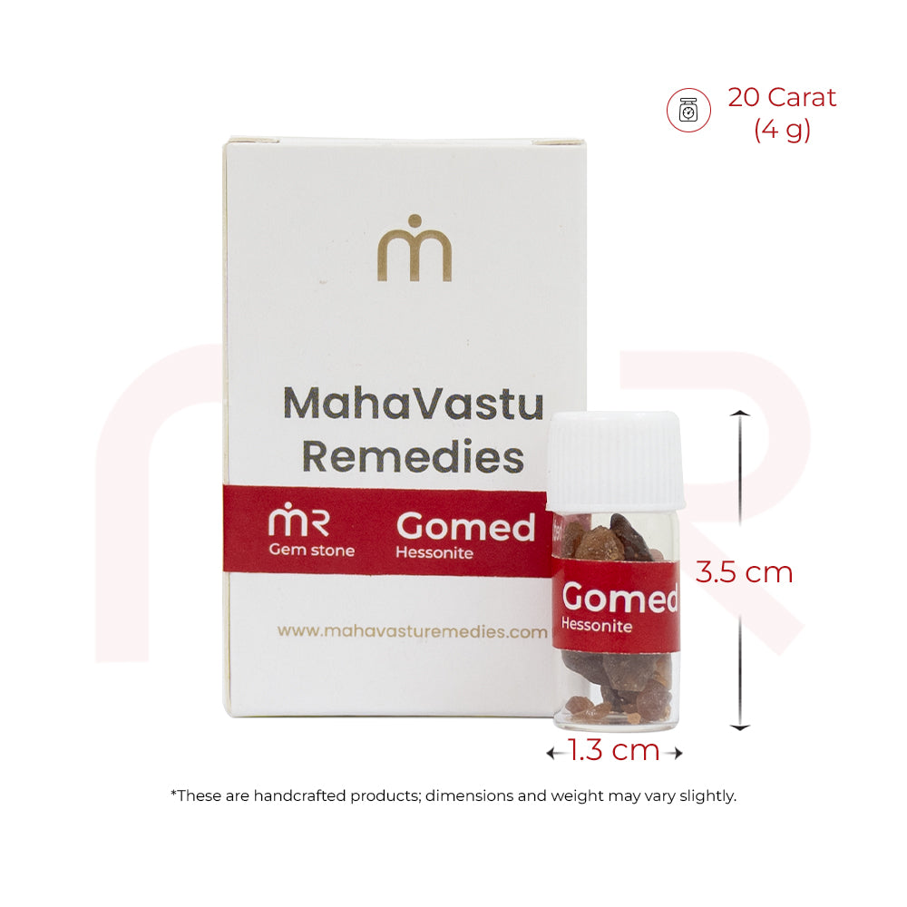 Gomed gemstone bottle for MahaVastu Remedies, 10g with box, 3.5cm tall, 1.3cm wide