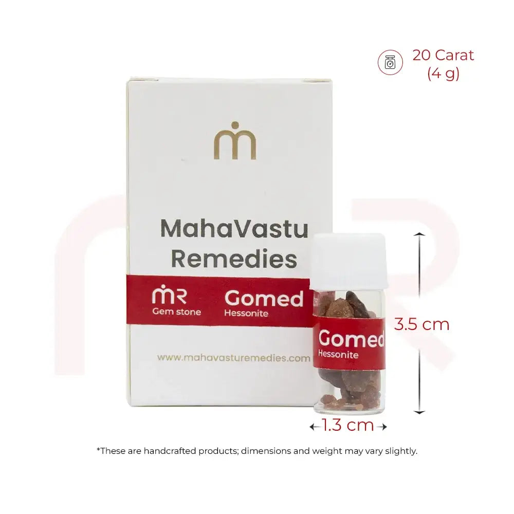 MahaVastu Remedies Gommed Hessoite gemstone in a small vial and box, 20 Carat 4g