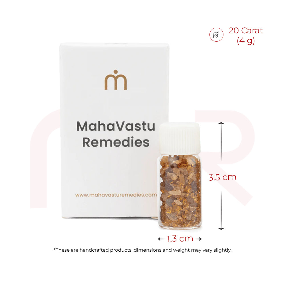 Gomed gemstone bottle for MahaVastu Remedies, 10g with box, 3.5cm tall, 1.3cm wide