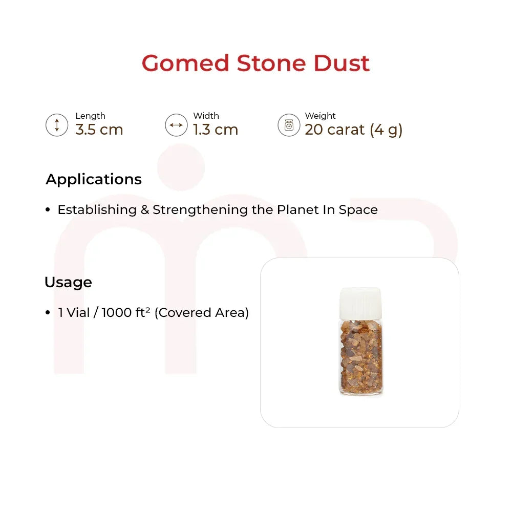 Gomed stone dust vial for Vastu remedy, 20 carat, with usage guidelines on white background