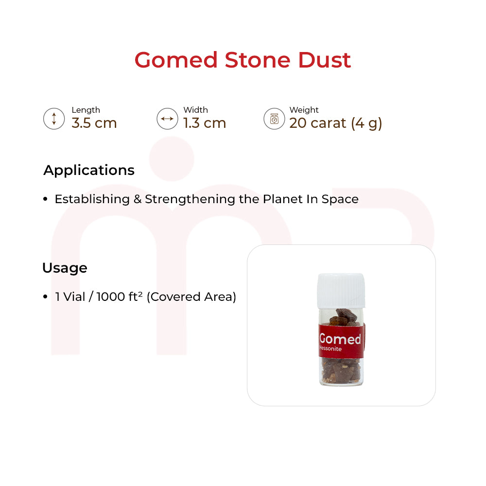 Gomed stone dust vial for Vastu remedy, 20 carat, with usage guidelines on white background