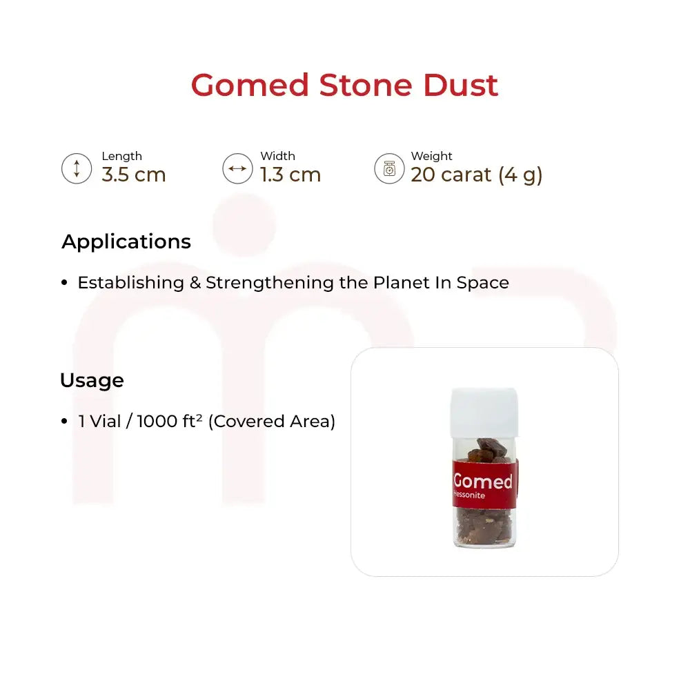 Gomed Stone Dust vial for Vastu remedies to strengthen planetary energy in space.
