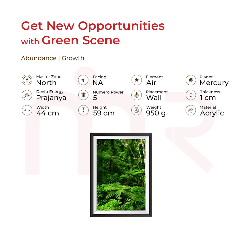 Framed jungle fern artwork for Vastu home decor, featuring lush green forest print in dark wood frame
