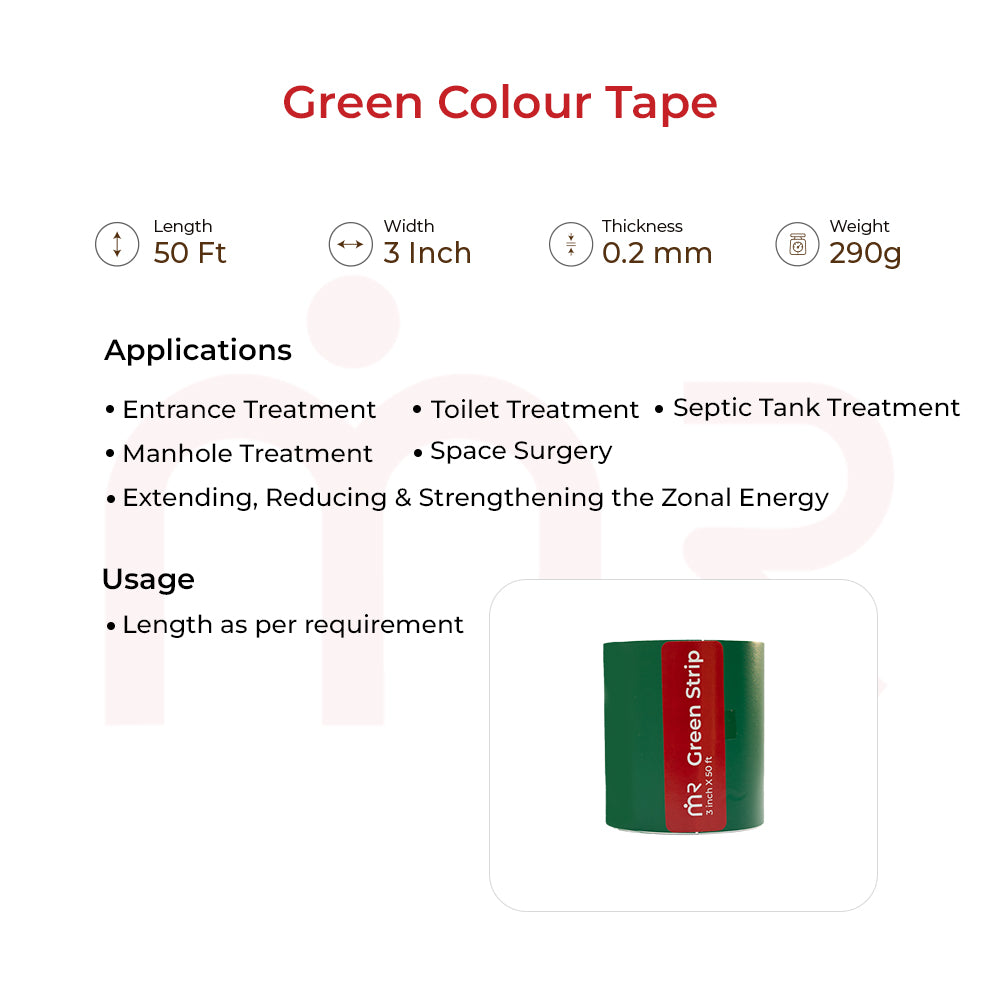 MahaVastu green strip tape for Vastu remedies, 3 inch wide, 50 ft, shown with other color tapes