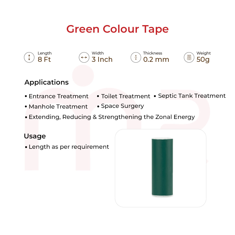 MahaVastu green color tape strip for Vastu remedies, 8 ft length, shown with usage and applications.