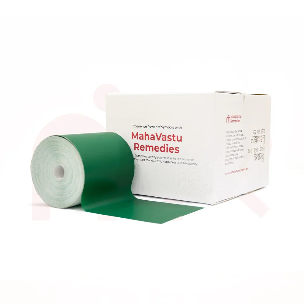 Green Vastu color tape roll with MahaVastu Remedies packaging for home energy balance and prosperity
