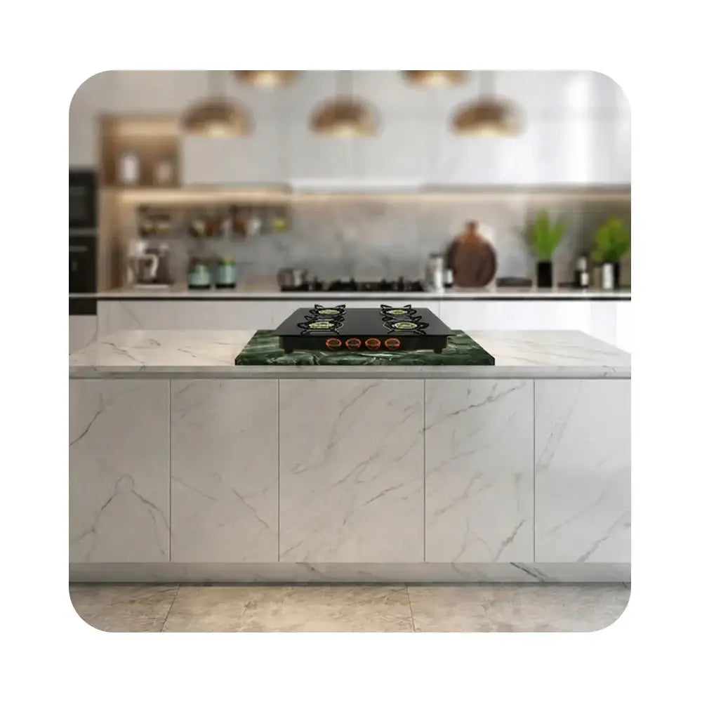 Green marble Vastu stove pad under gas cooktop in modern kitchen for positive energy and prosperity