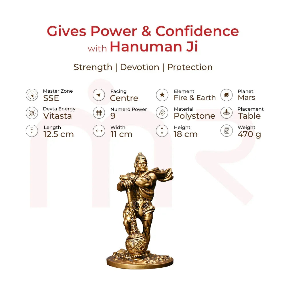 Polystone Hanuman Ji idol for Vastu, brown finish, with size and placement details, tabletop decor.