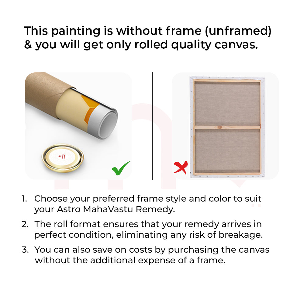Unframed rolled canvas painting for MahaVastu remedies, customizable frame, safe shipping, cost-effective