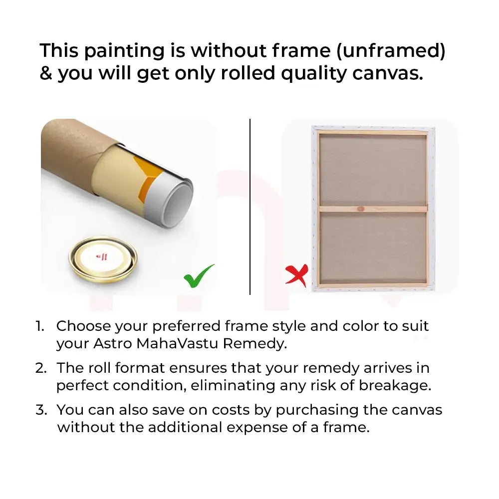 Unframed rolled canvas painting for MahaVastu remedies, customizable frame, safe shipping, cost-effective