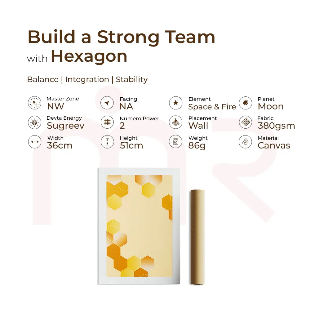 MahaVastu Hexagon team canvas, yellow hexagon pattern, balance, team integration, Vastu remedy.