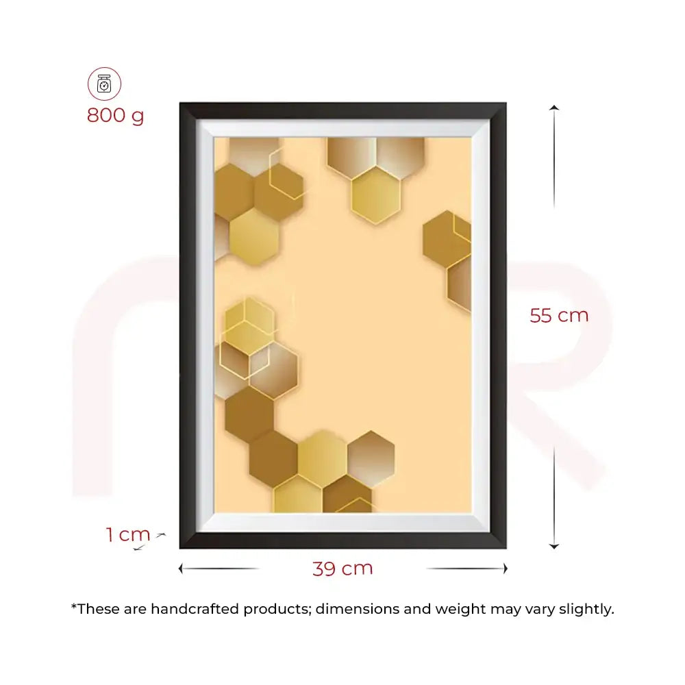 Golden hexagon Vastu painting in black frame, 55x39cm, for home energy balance and prosperity