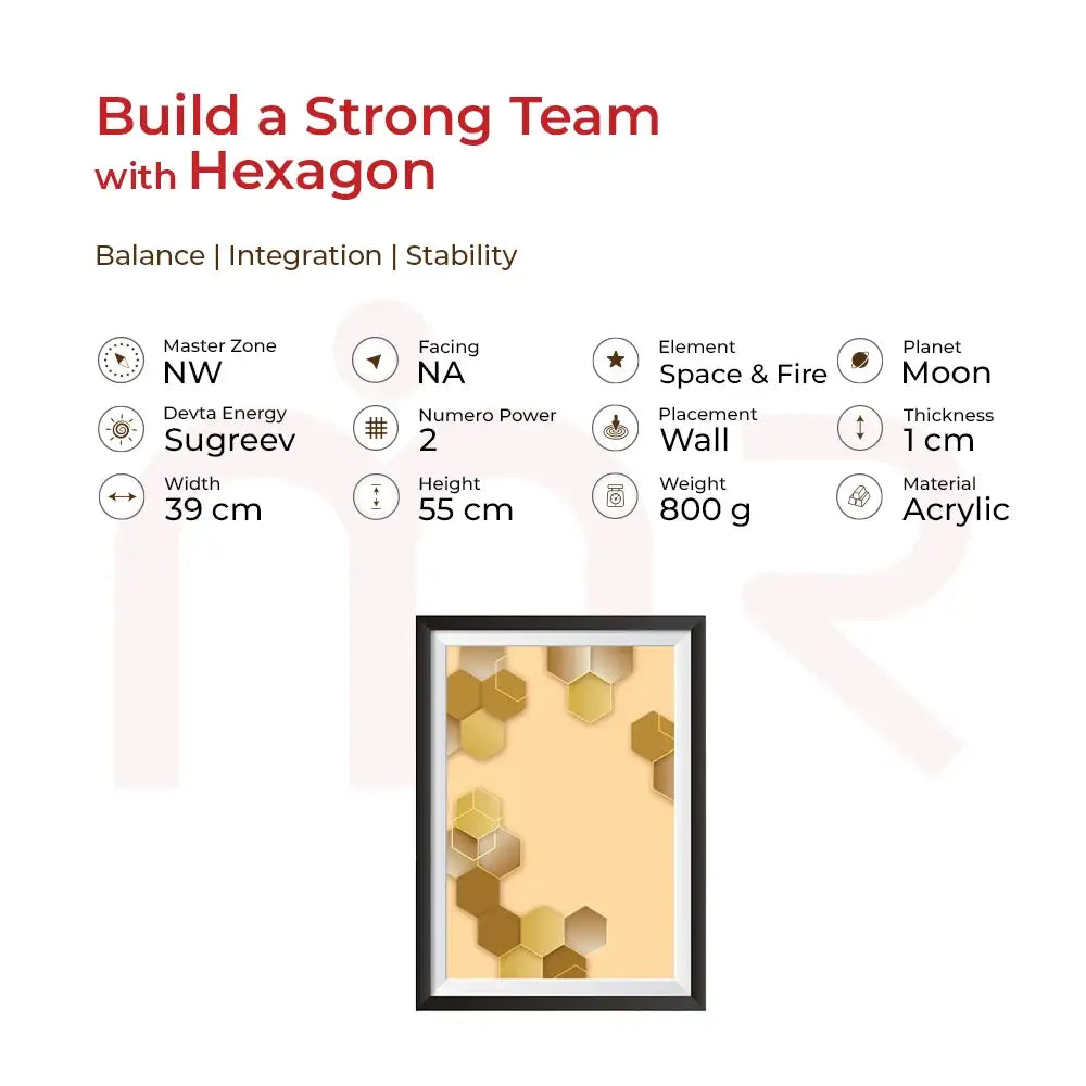 Gold hexagon Vastu painting in black frame for home energy balance and prosperity