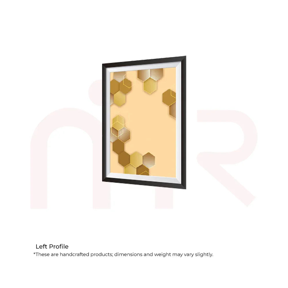 Hexazon acrylic Vastu remedy wall art with gold hexagon pattern in black frame, MahaVastu decor