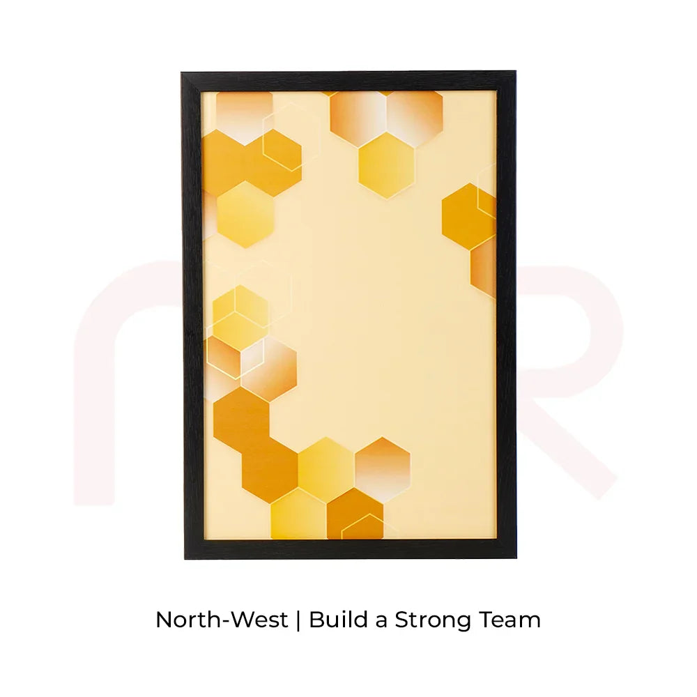 Hexagon canvas Vastu painting with yellow and gold shapes in black frame for North-West area.