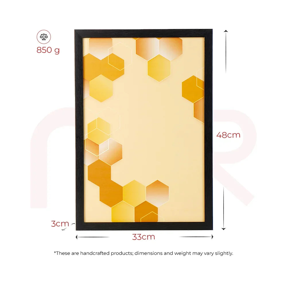 Hexazon Vastu canvas painting with gold hexagon pattern in black frame, 48x33cm, 850g