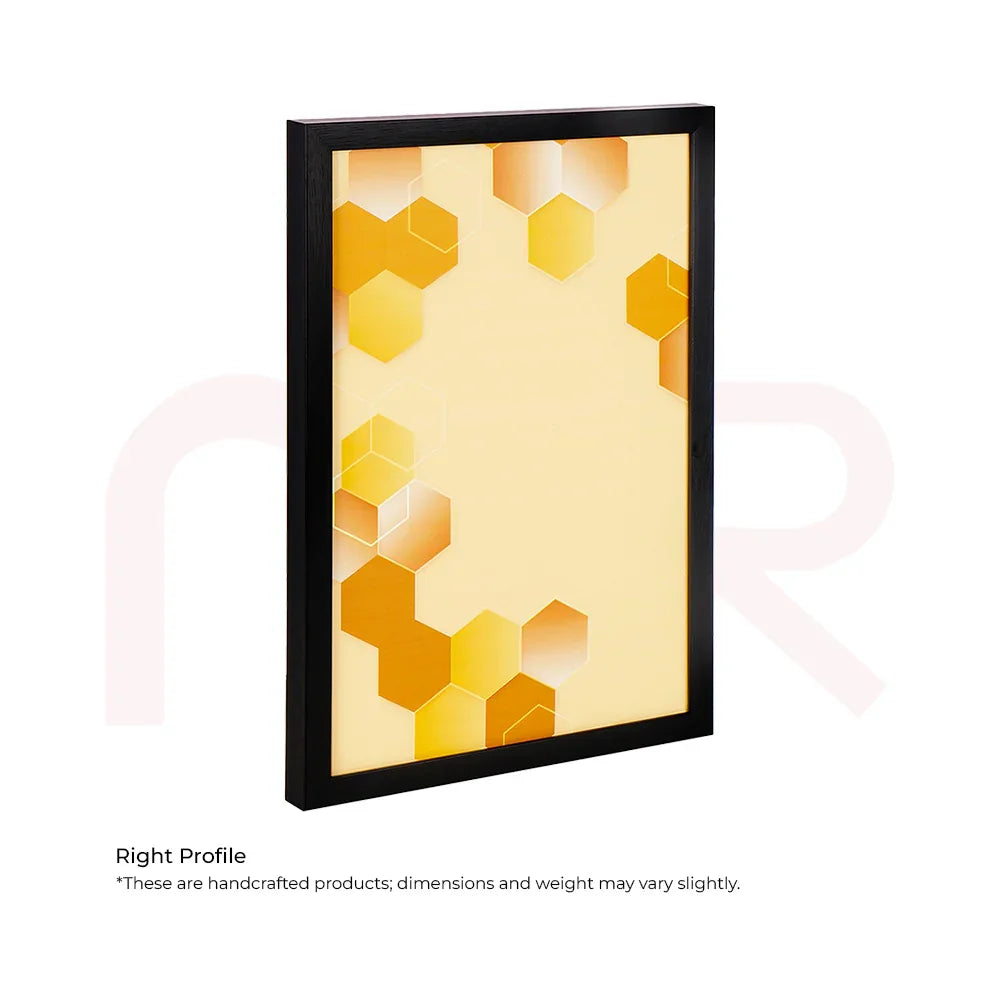 Hexagon pattern MahaVastu canvas wall art in black frame, yellow and orange geometric design