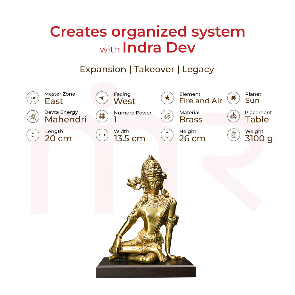 Brass Indra Dev idol for Vastu remedies, sitting posture, spiritual home decor, 26 cm height