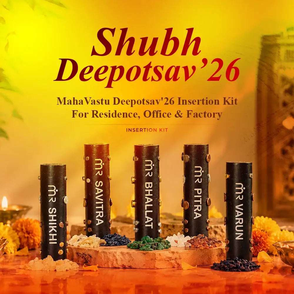 MahaVastu Remedies Deepotsav'26 Insertion Kit featuring five labeled Vastu remedy cylinders.