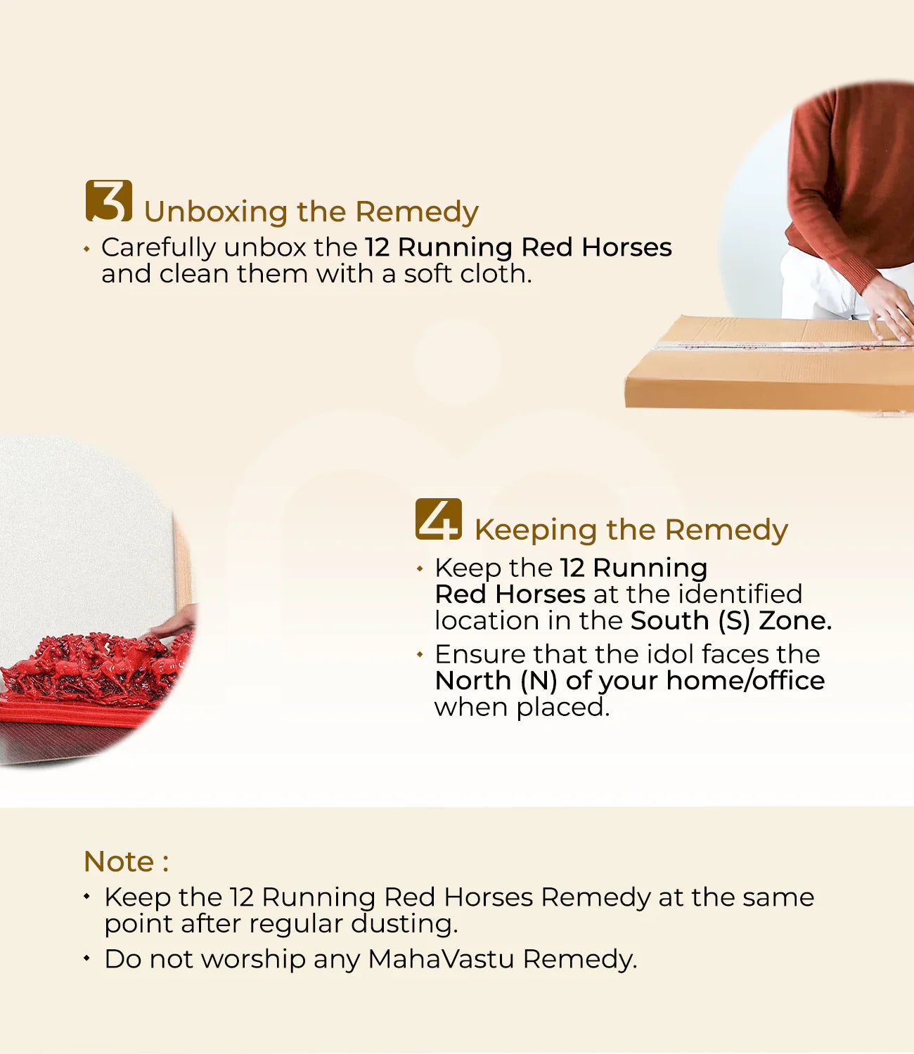 Installation guide for 12 Running Red Horses Vastu remedy, showing unboxing and placement steps.