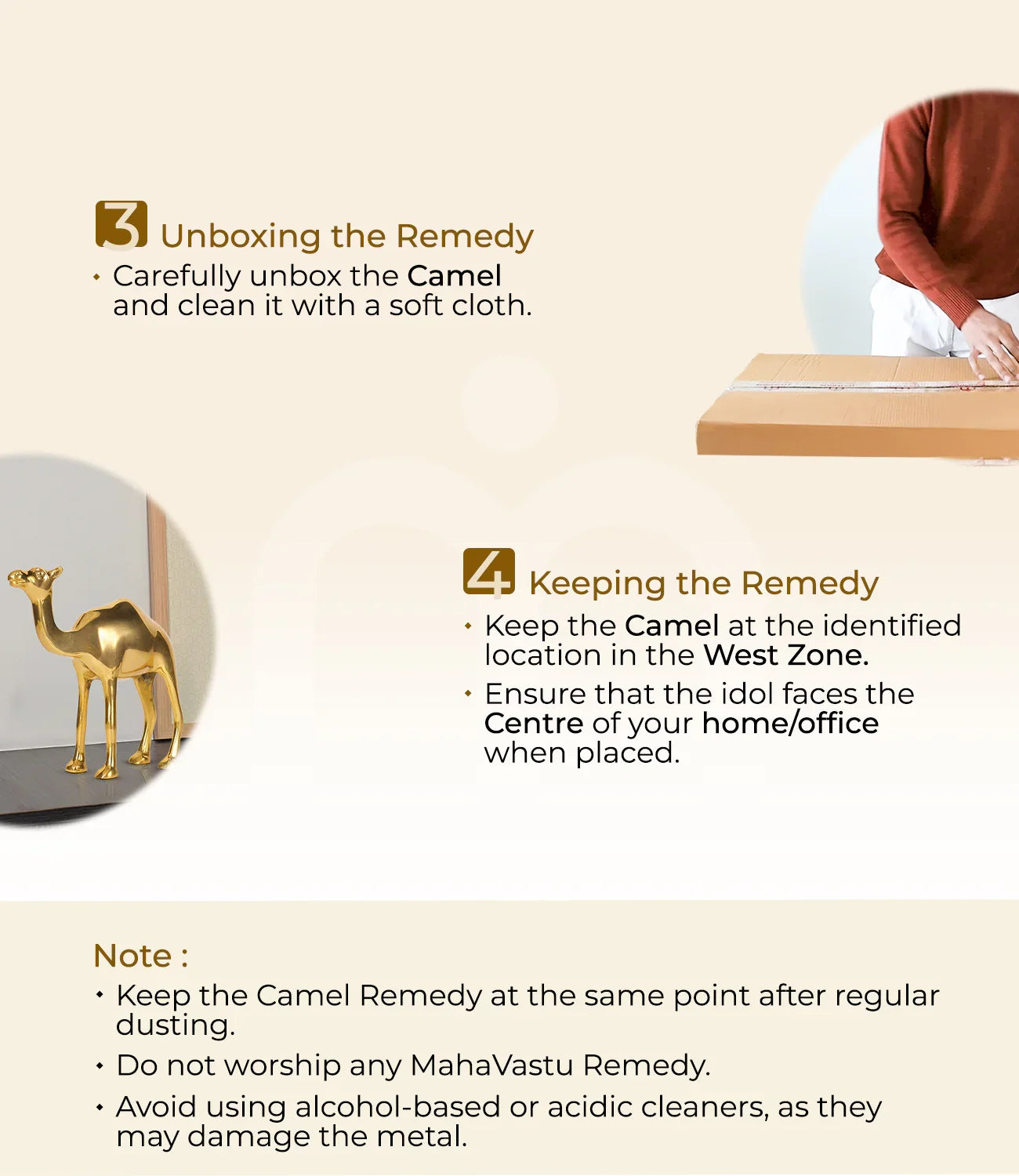 Installation steps for Vastu camel remedy with unboxing, placement instructions, and care tips.