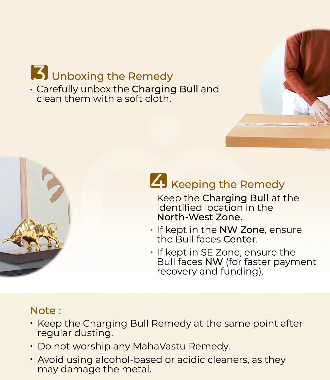 Steps to unbox and place Charging Bull Vastu remedy with cleaning and placement tips.