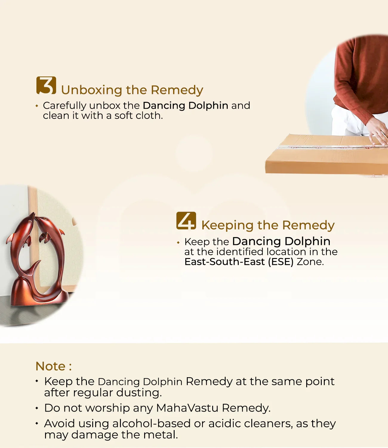 Steps to unbox and place the Dancing Dolphin MahaVastu remedy with care instructions.