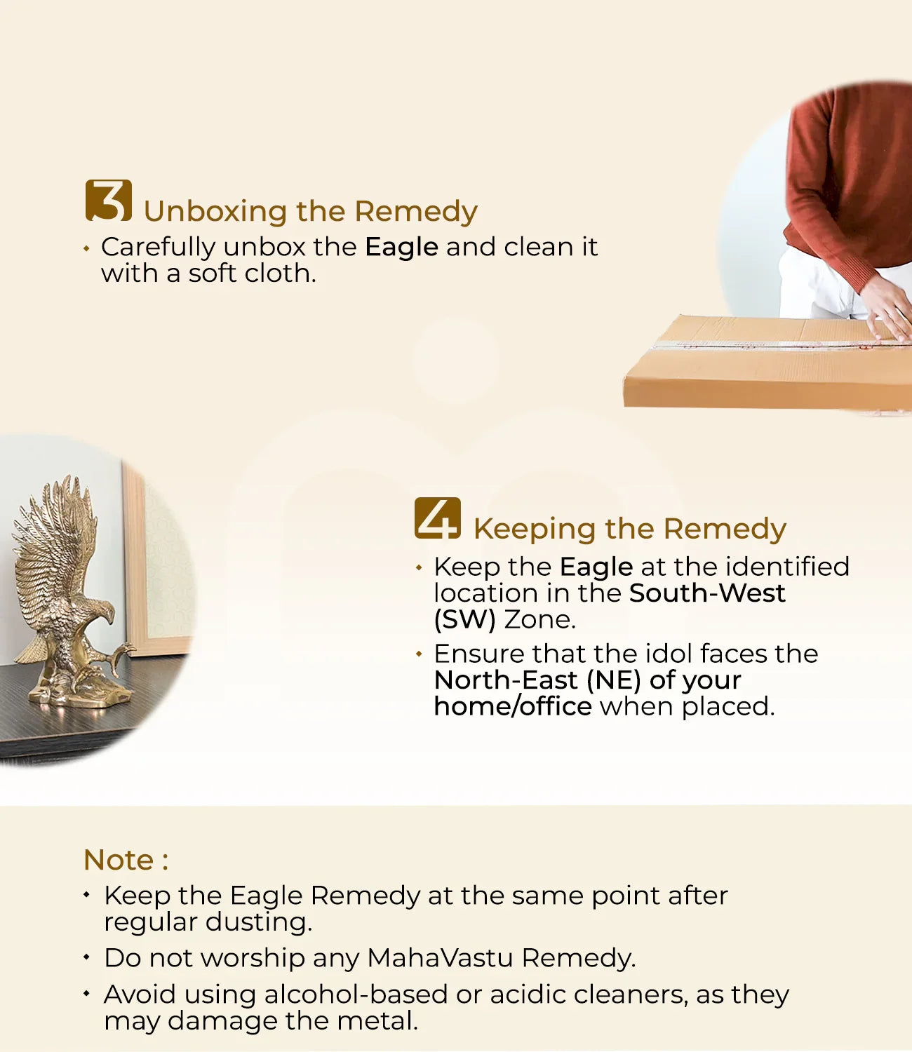 Vastu eagle idol installation guide with unboxing instructions, placement tips, and care notes