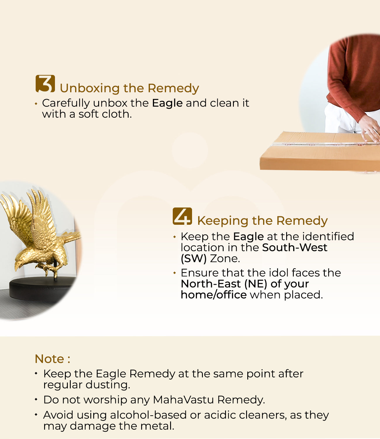 Vastu eagle idol installation guide with unboxing instructions, placement tips, and care notes