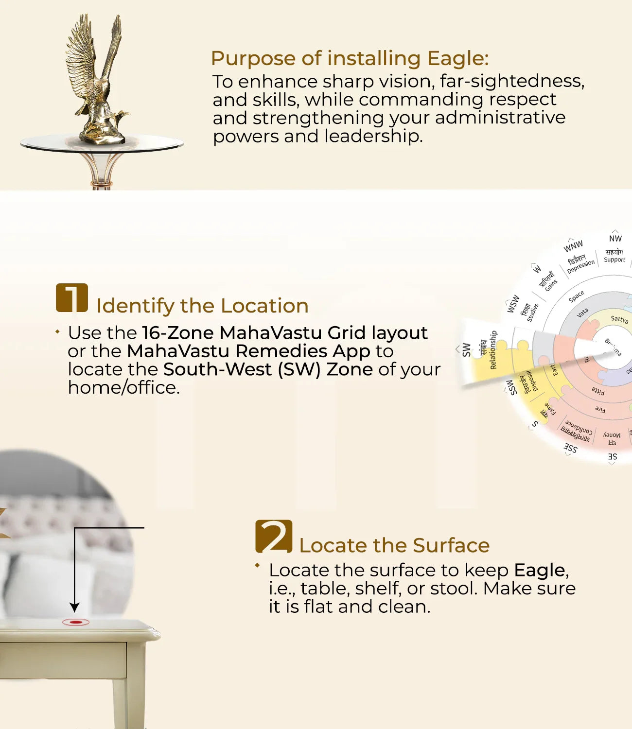 Installation steps for eagle idol MahaVastu remedy with Vastu grid and setup instructions