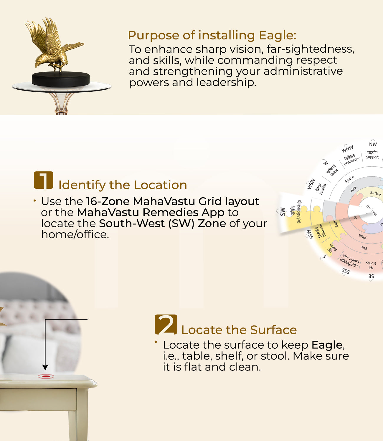 Installation steps for eagle idol MahaVastu remedy with Vastu grid and setup instructions