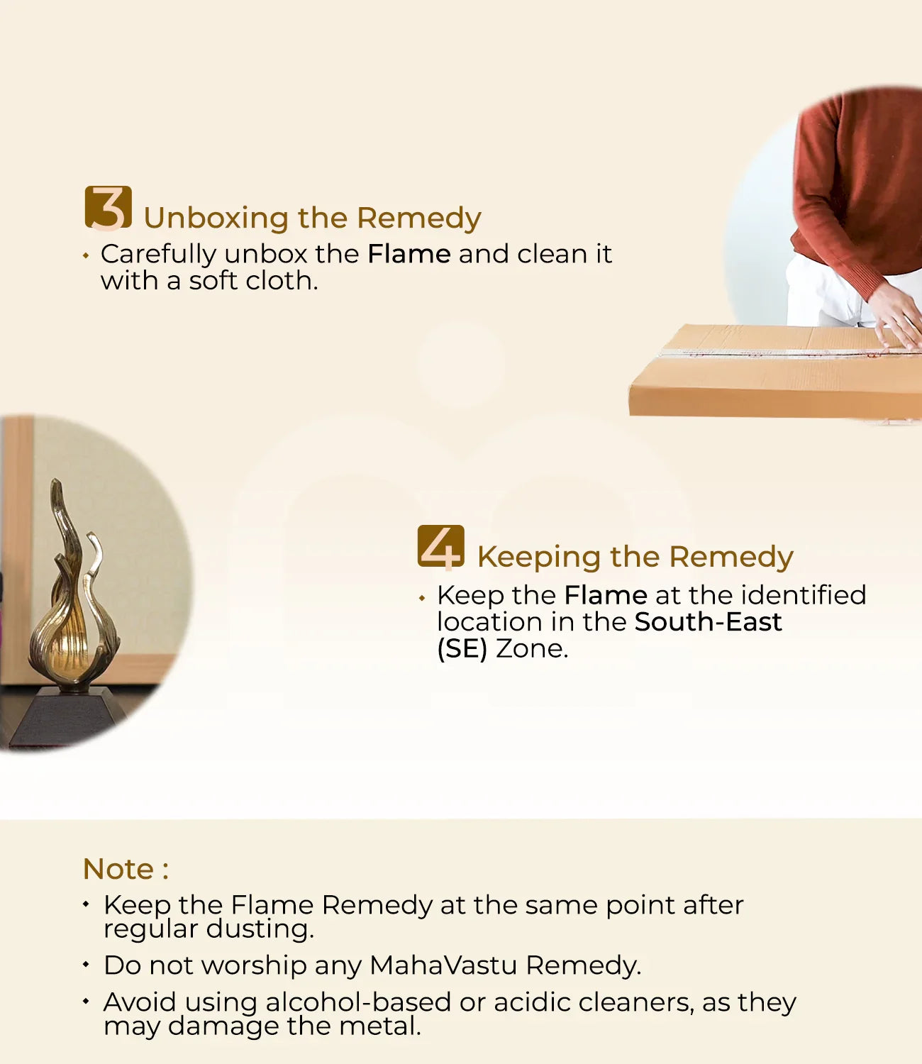 Unboxing and placement steps for Vastu Flame Remedy, with cleaning and southeast zone instructions.
