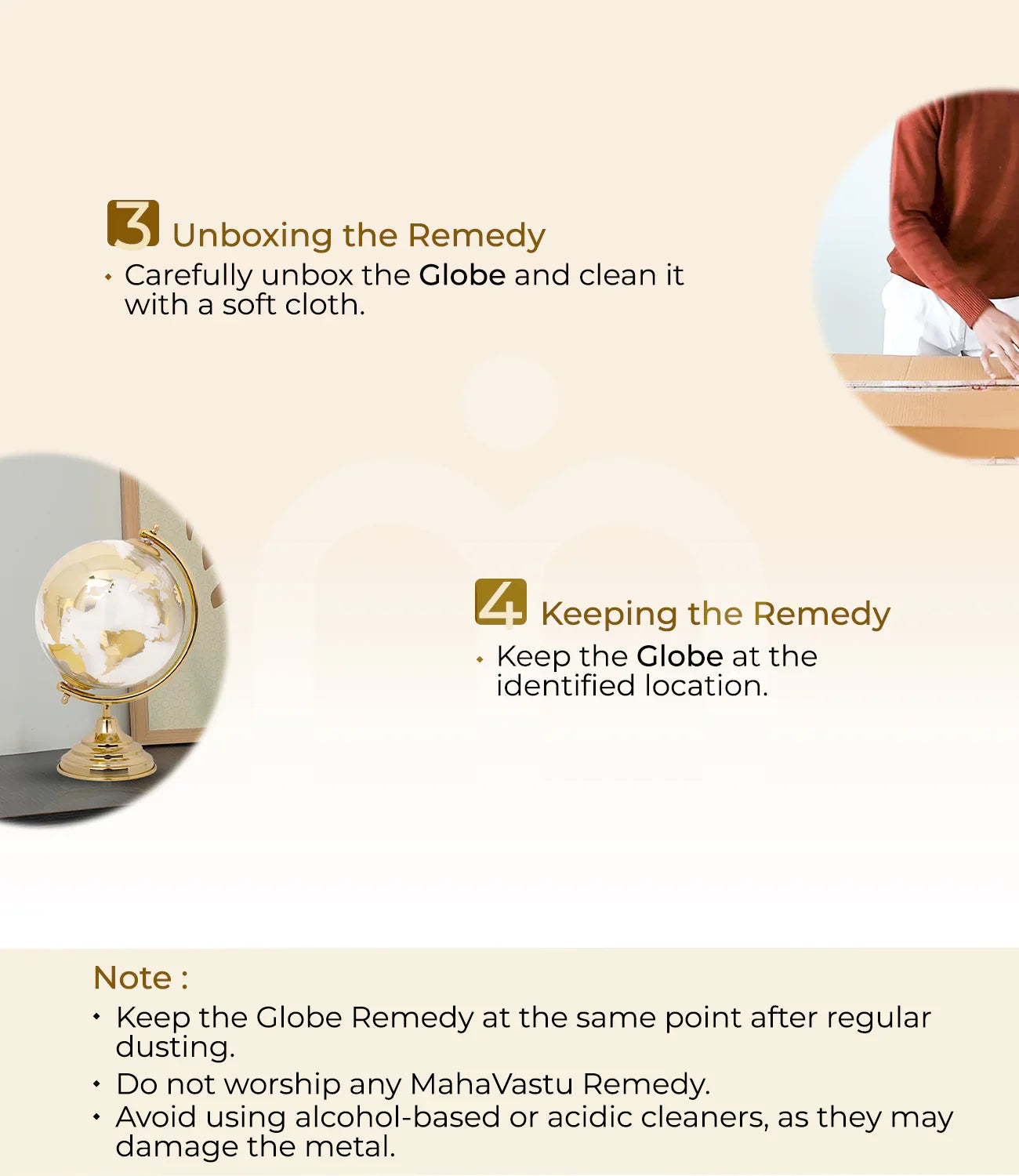 Installation steps for Vastu globe remedy, unboxing, placing globe, care instructions
