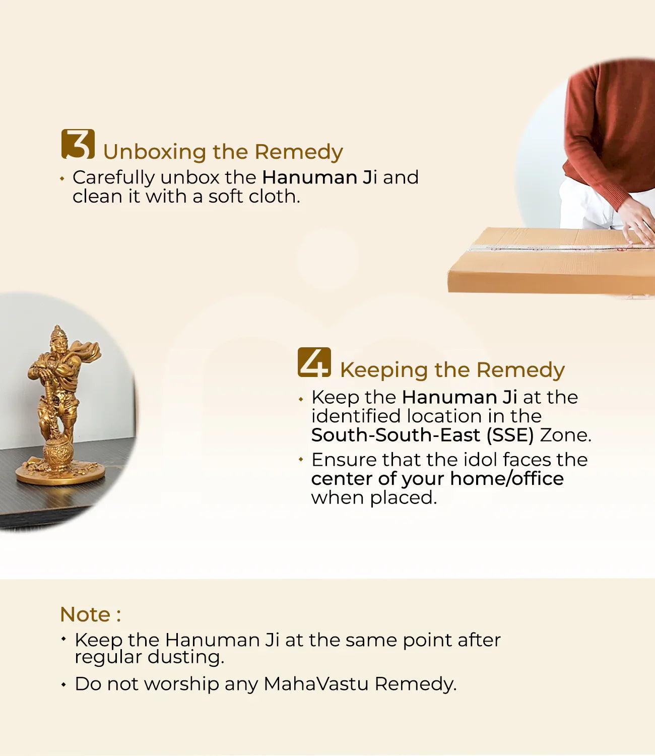 Step-by-step unboxing and placement instructions for Hanuman Ji Vastu remedy idol.