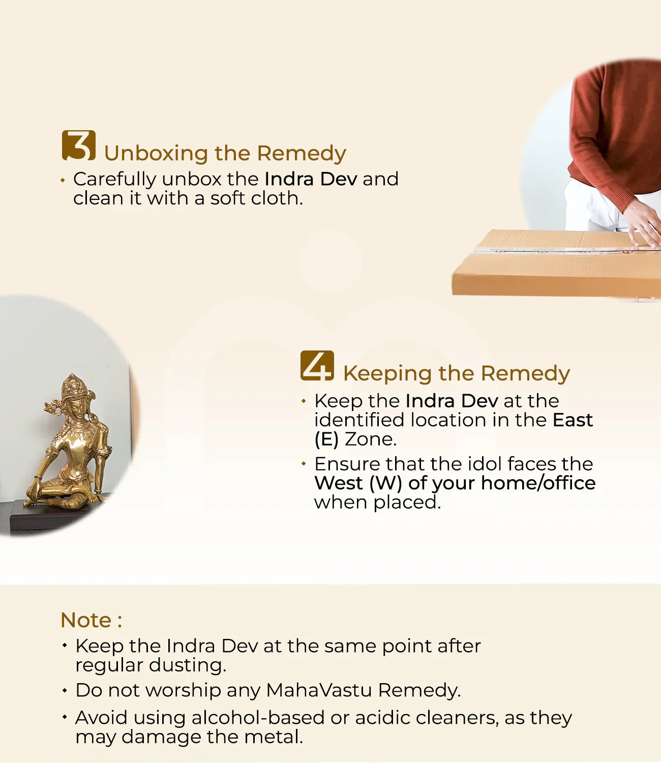 Indra Dev Vastu remedy installation steps with unboxing, idol placement, and care instructions