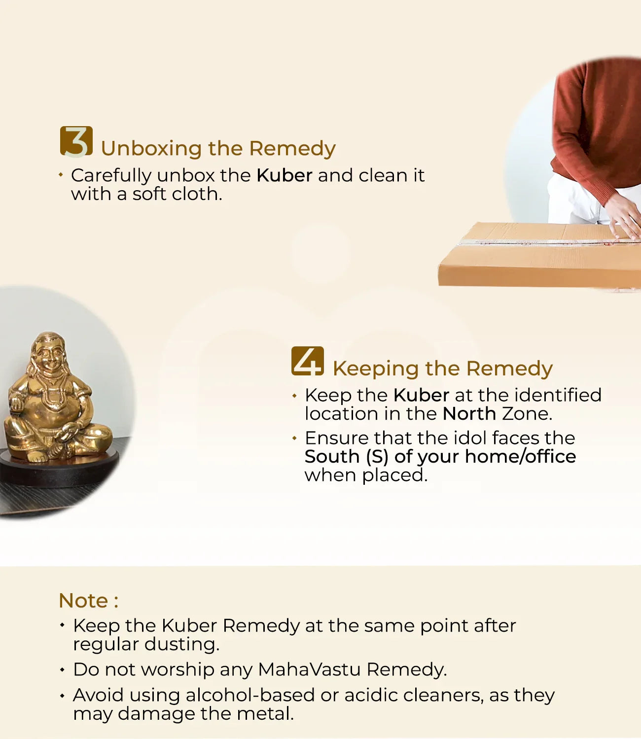 Kuber idol installation steps with unboxing instructions, placement tips, and care notes for Vastu remedies.