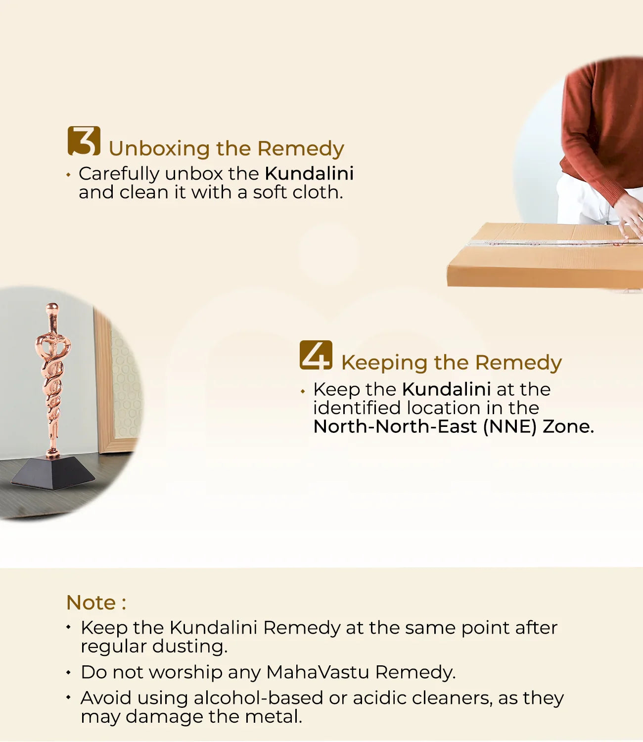Kundalini Vastu remedy unboxing and placement guide with copper spiral statue and handling tips