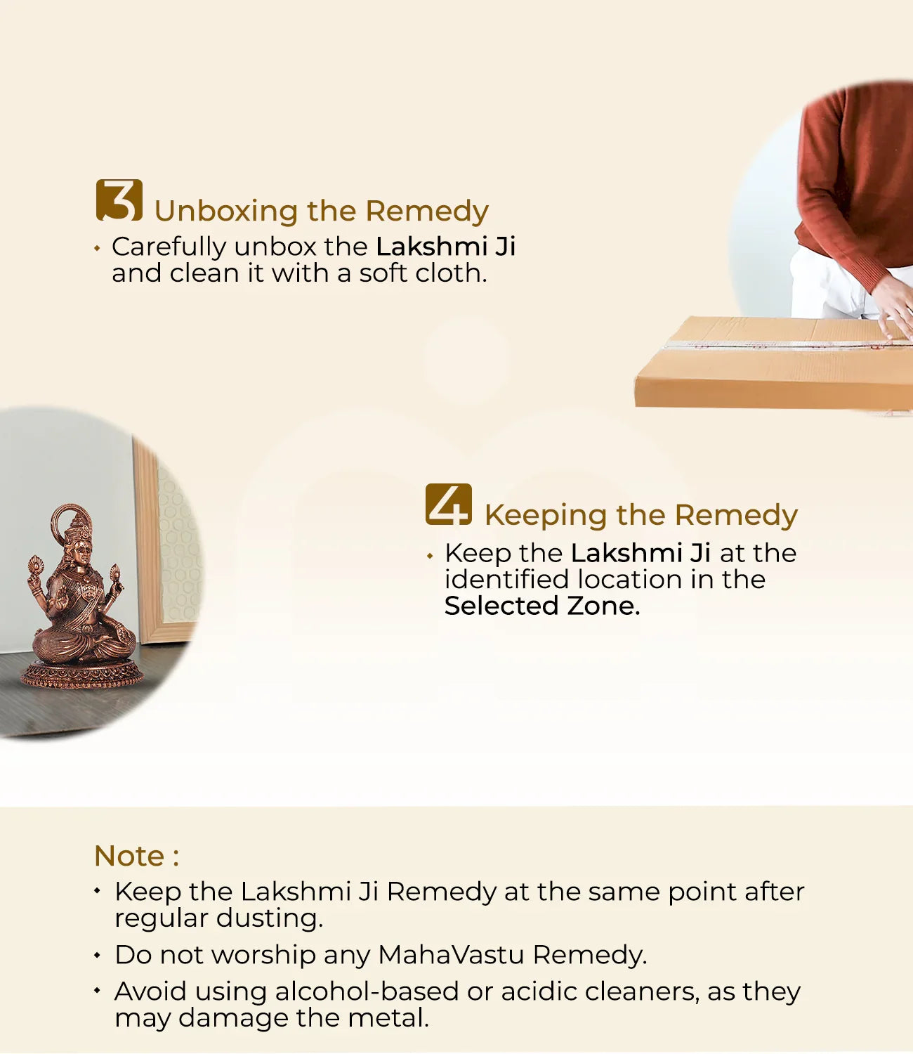 Lakshmi Ji idol unboxing and placement steps, Vastu remedy instructions, copper statue on floor.