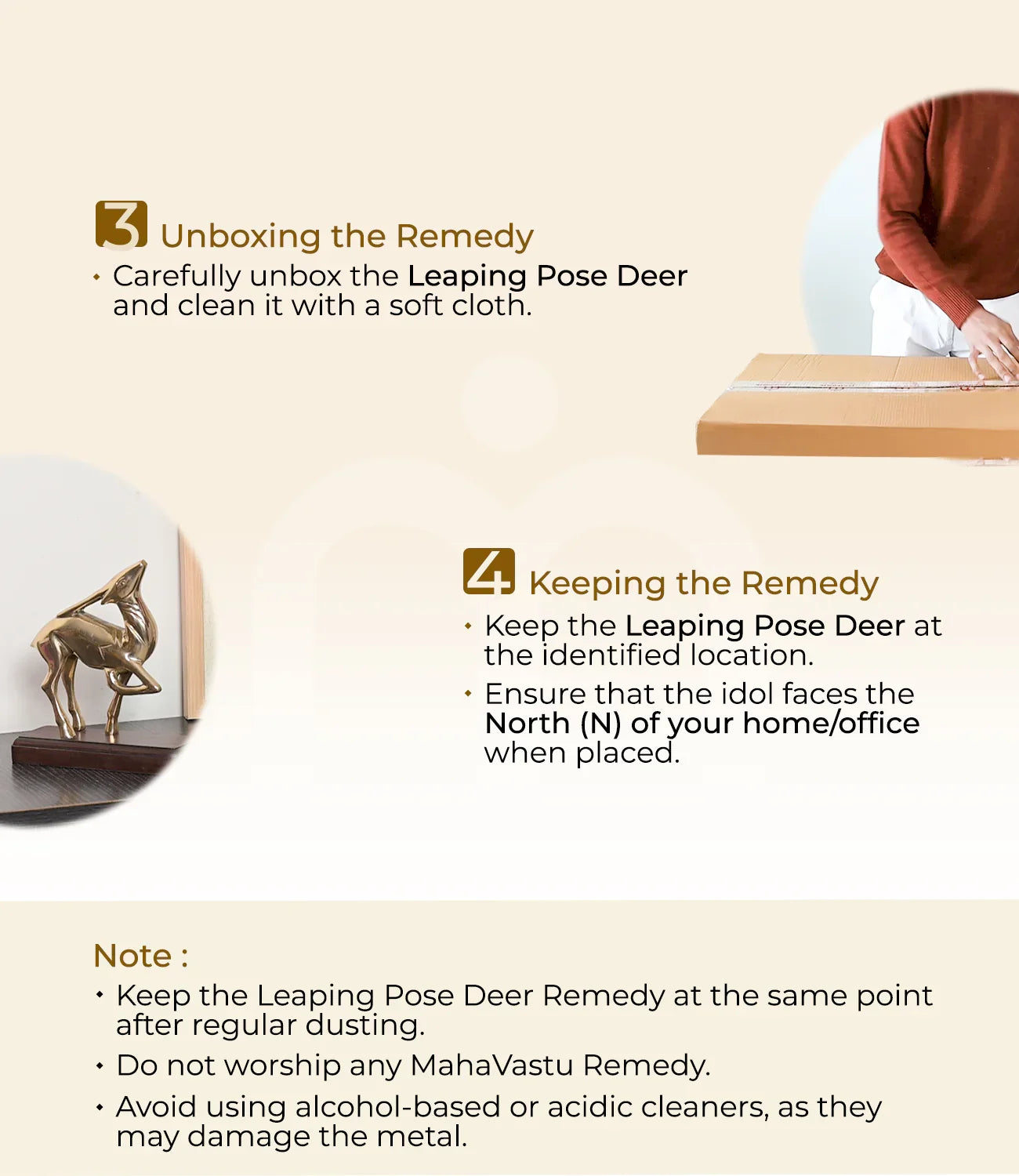 Step-by-step guide to unbox and place Leaping Pose Deer Vastu remedy idol with care instructions