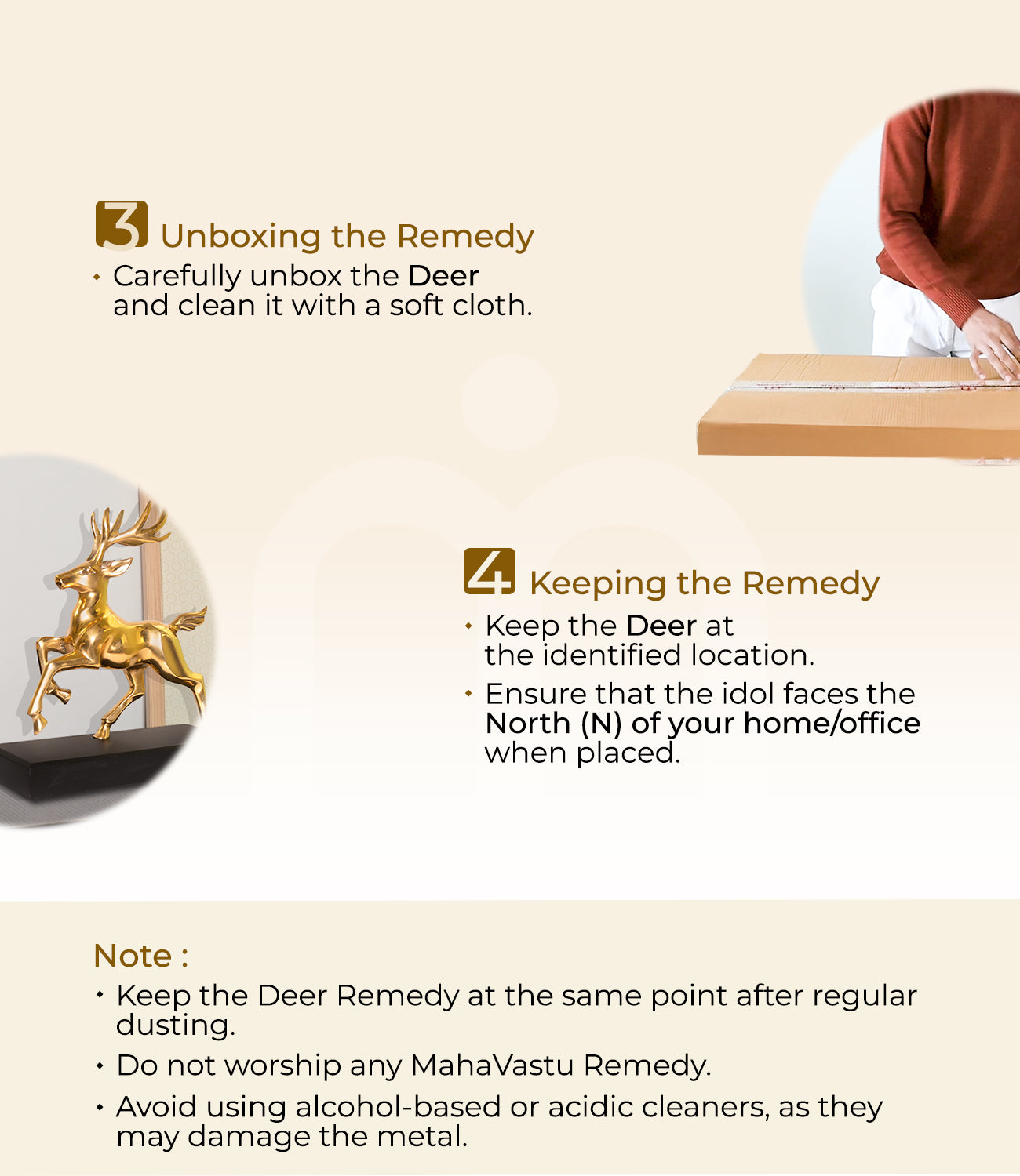 Step-by-step guide to unbox and place Leaping Pose Deer Vastu remedy idol with care instructions