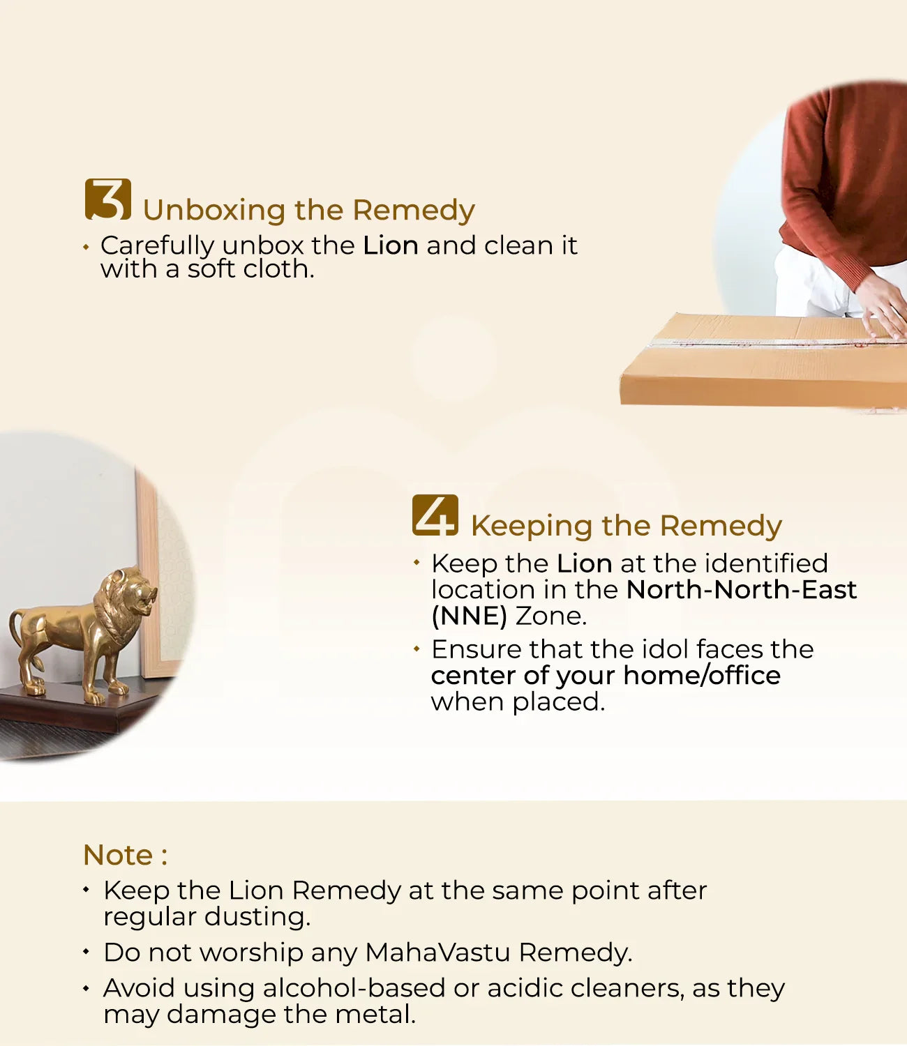 Installation steps for Vastu lion remedy idol, with unboxing and placement instructions.