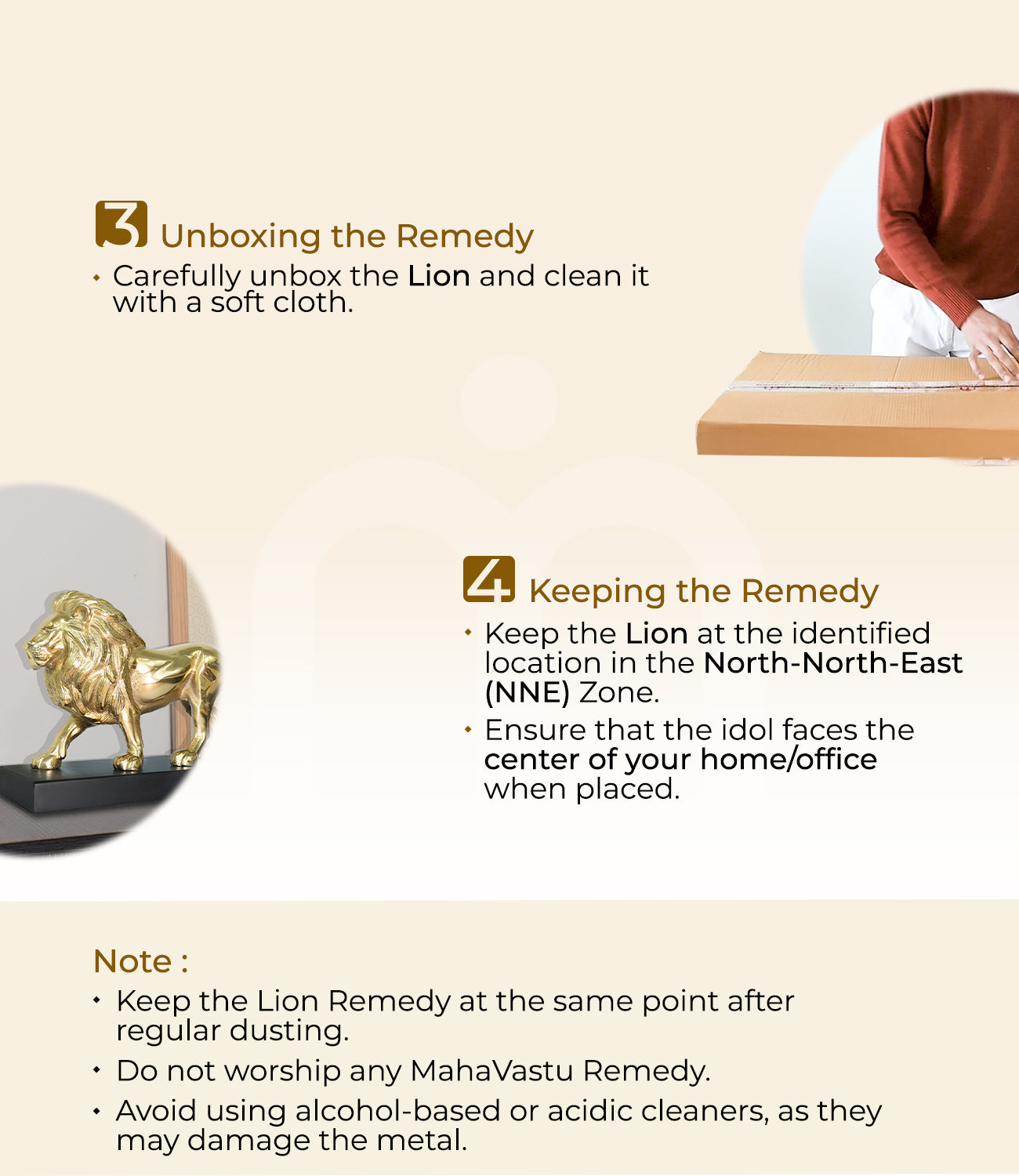 Installation steps for Vastu lion remedy idol, with unboxing and placement instructions.