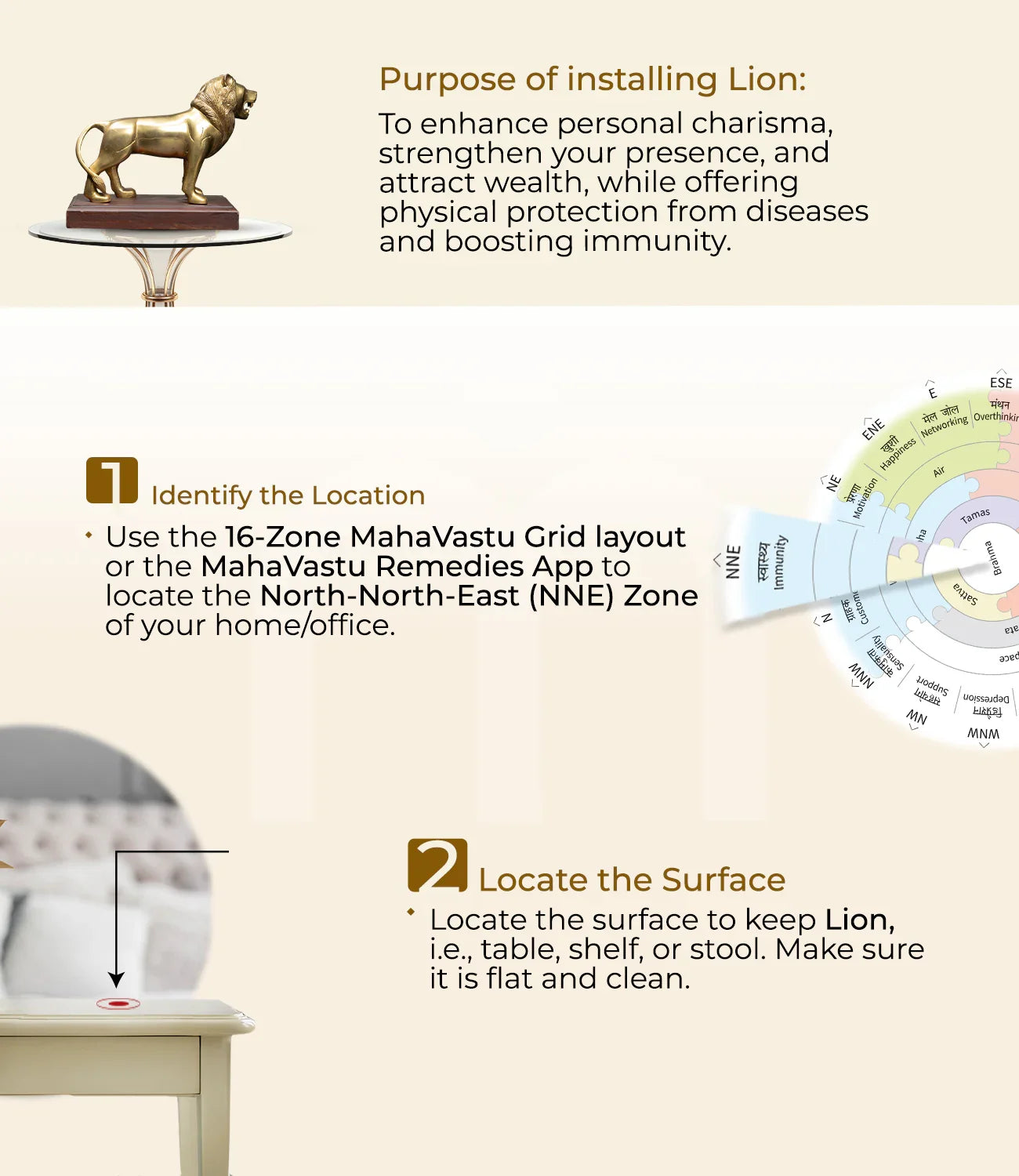 MahaVastu lion installation steps with gold lion idol, Vastu grid zone diagram, step-by-step instructions.
