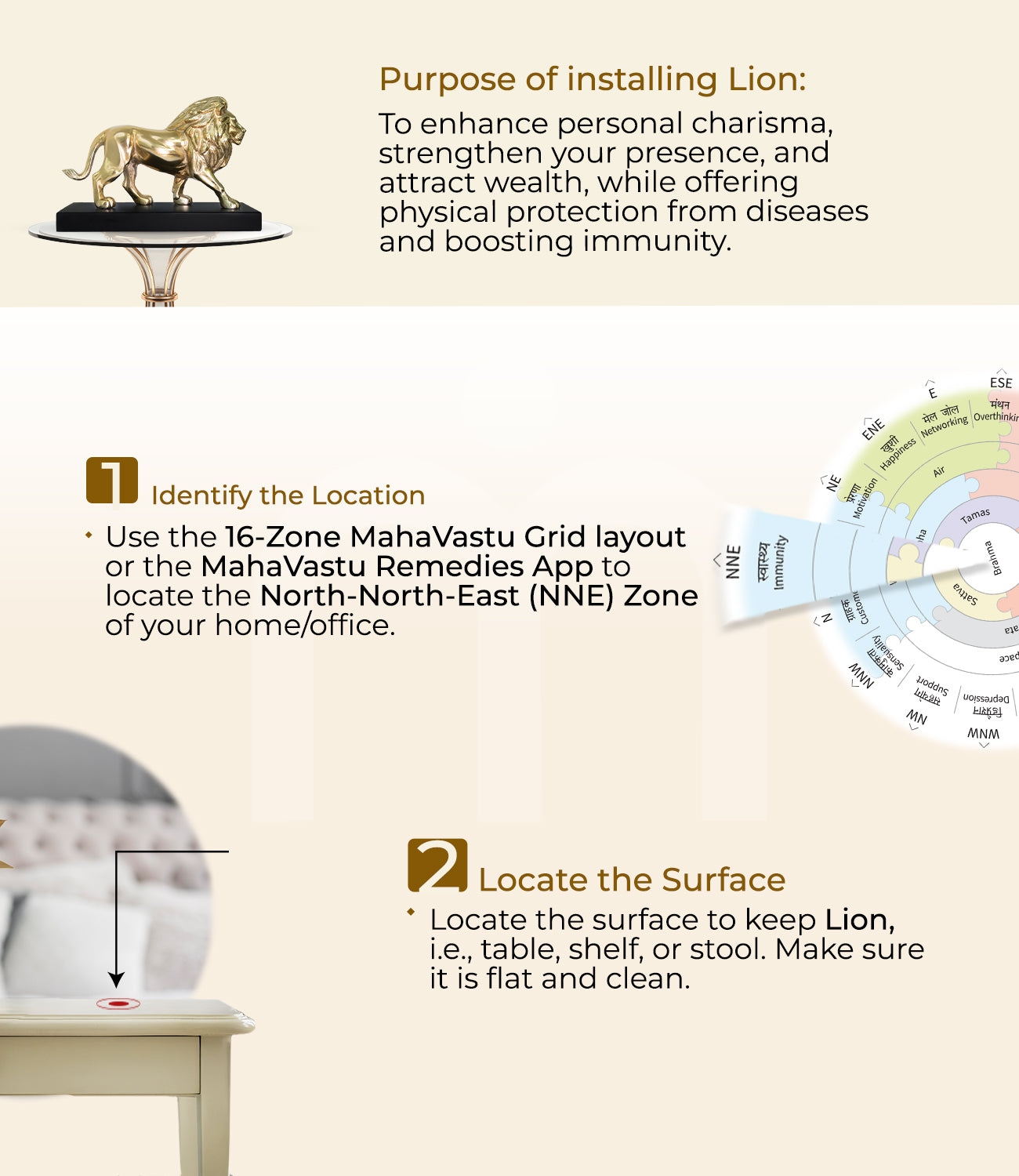 MahaVastu lion installation steps with gold lion idol, Vastu grid zone diagram, step-by-step instructions.